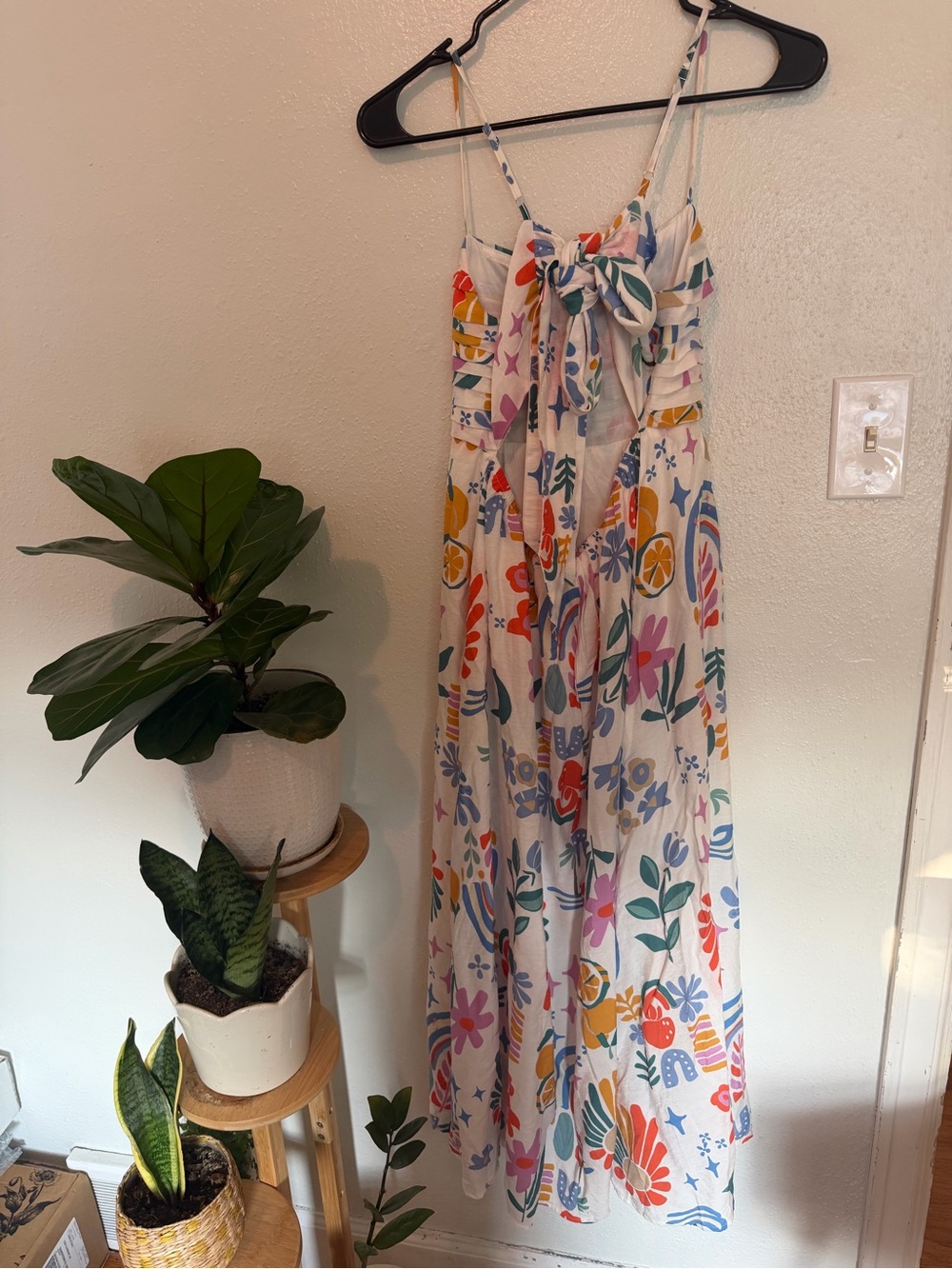 Girls White Floral Print One-Piece Dress with Tie Front